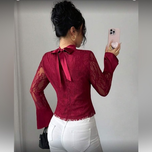Luxe Burgundy Lave Bell Sleeve Tie Neck Blouse - Picture 2 of 7